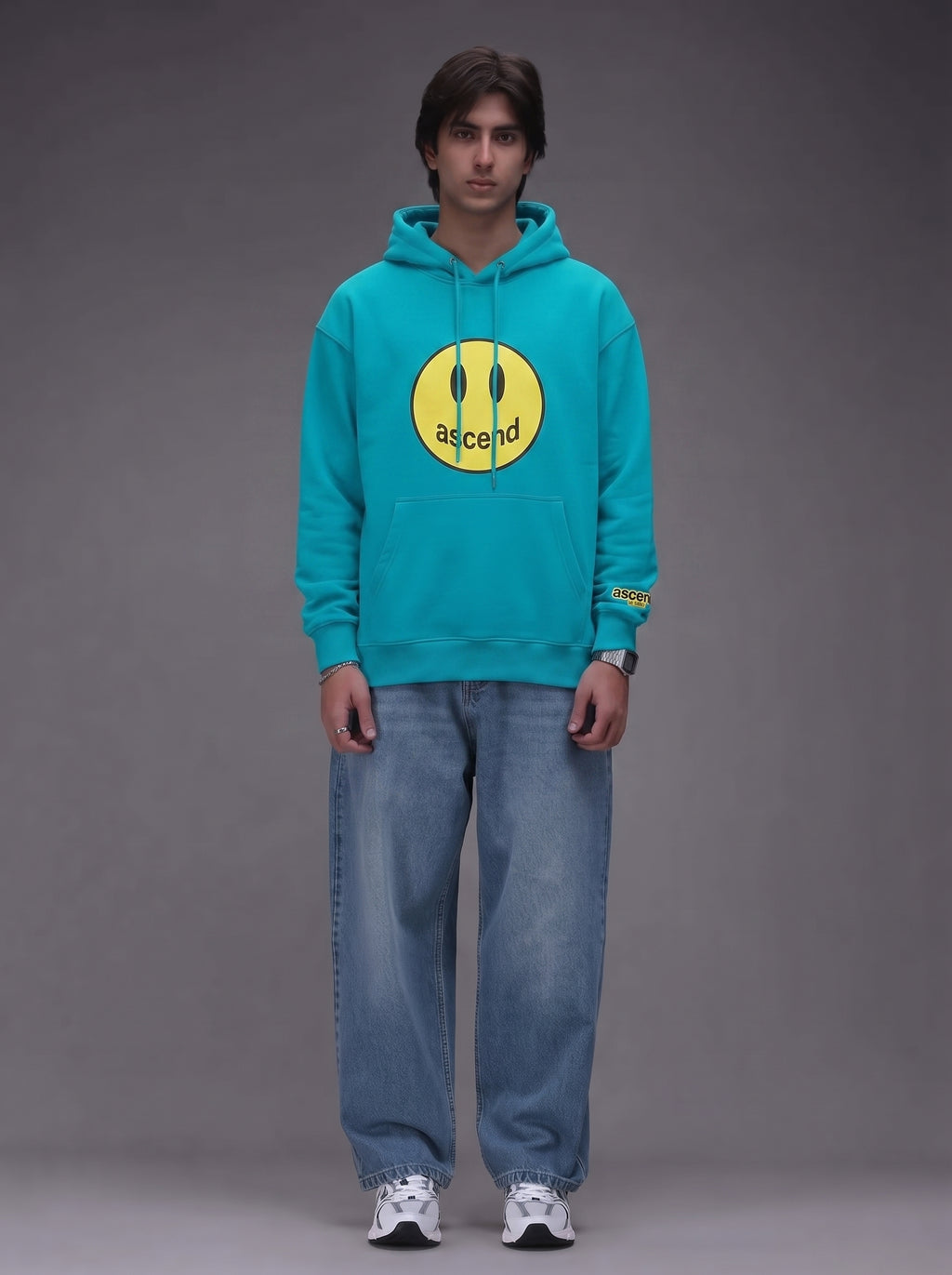 Smiley Oversized Hoodie – Cyan