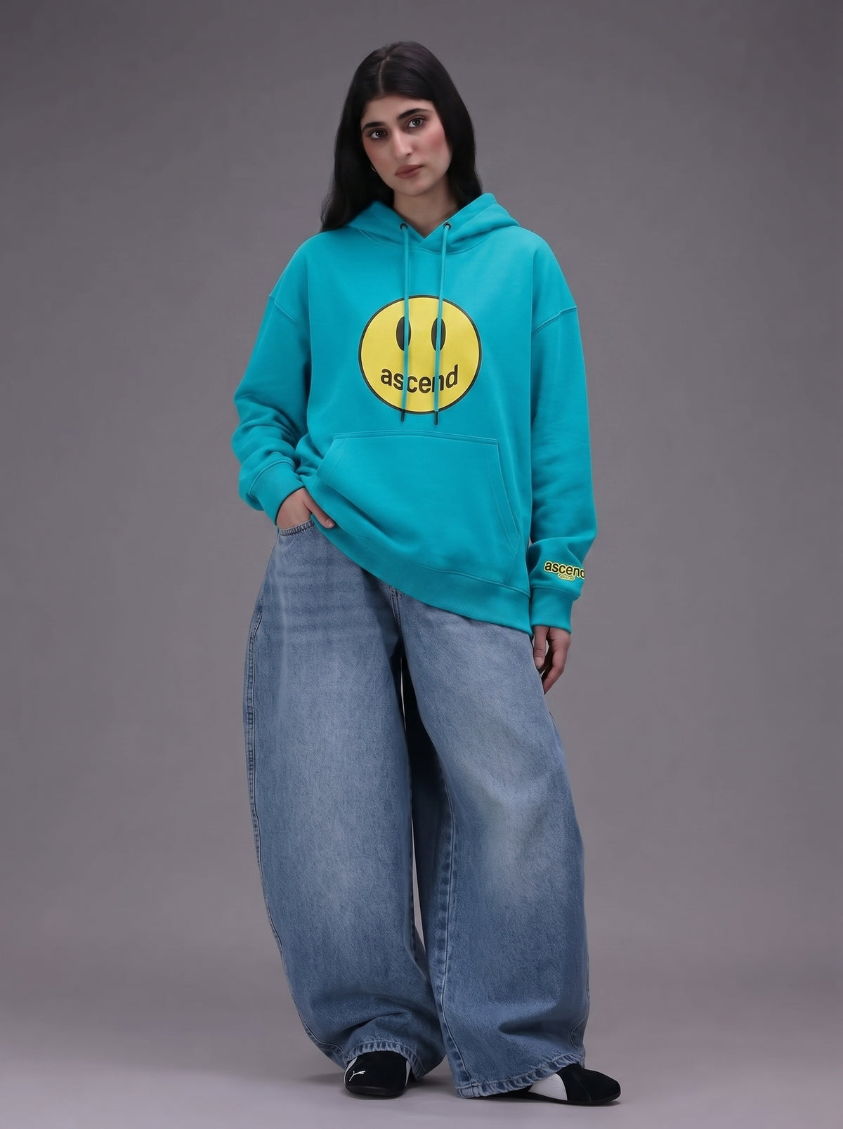 Smiley Oversized Hoodie – Cyan