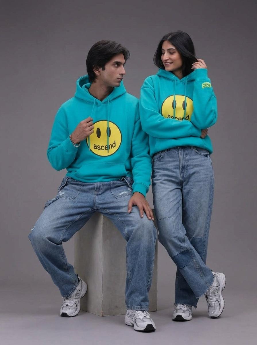 Smiley Oversized Hoodie – Cyan