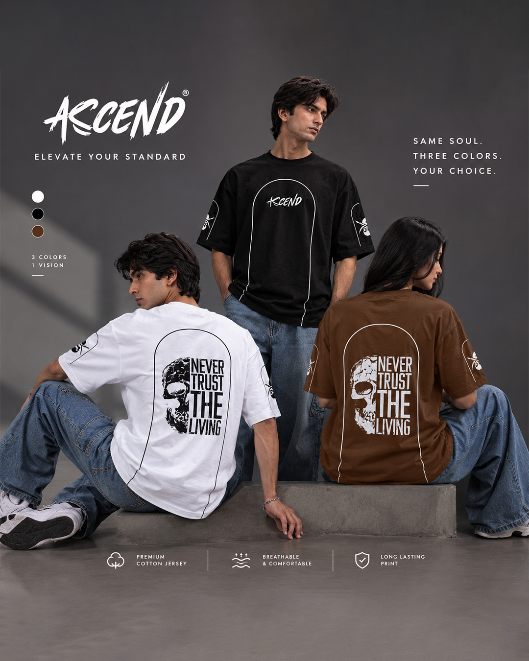 ACCEND "Never Trust The Living" Oversized Graphic Tee Combo (Pack of 3)
